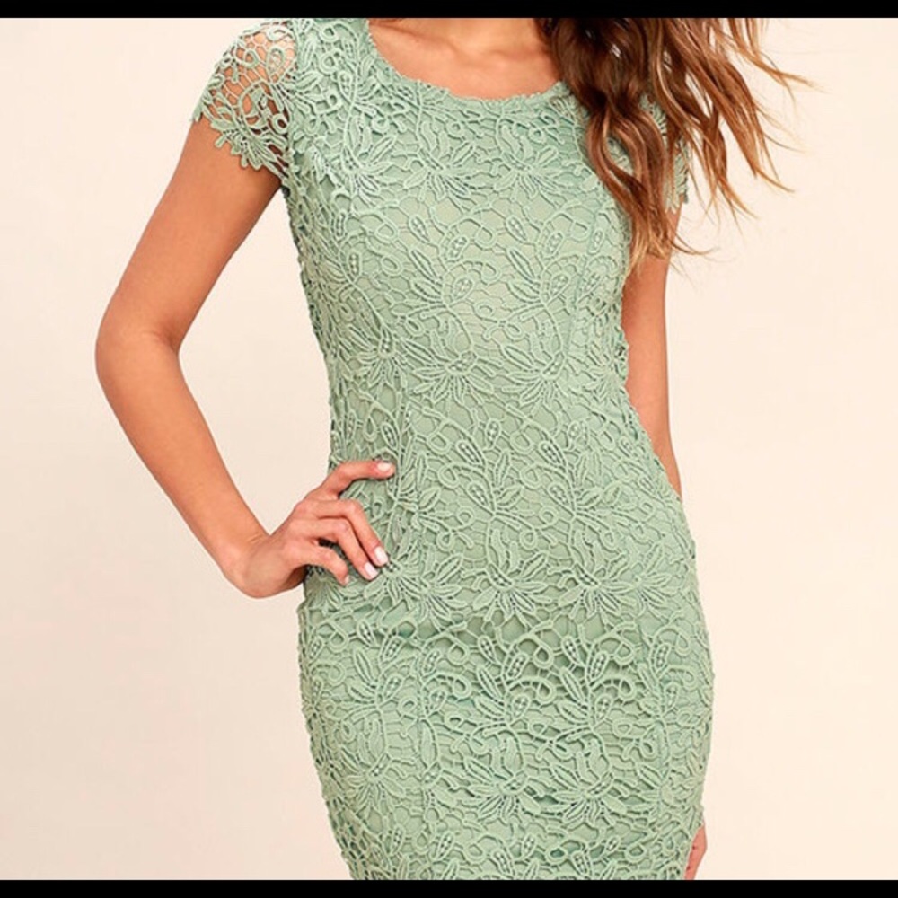 Lulu’s Hidden Talent Sage Open Back Lace Dress NWT